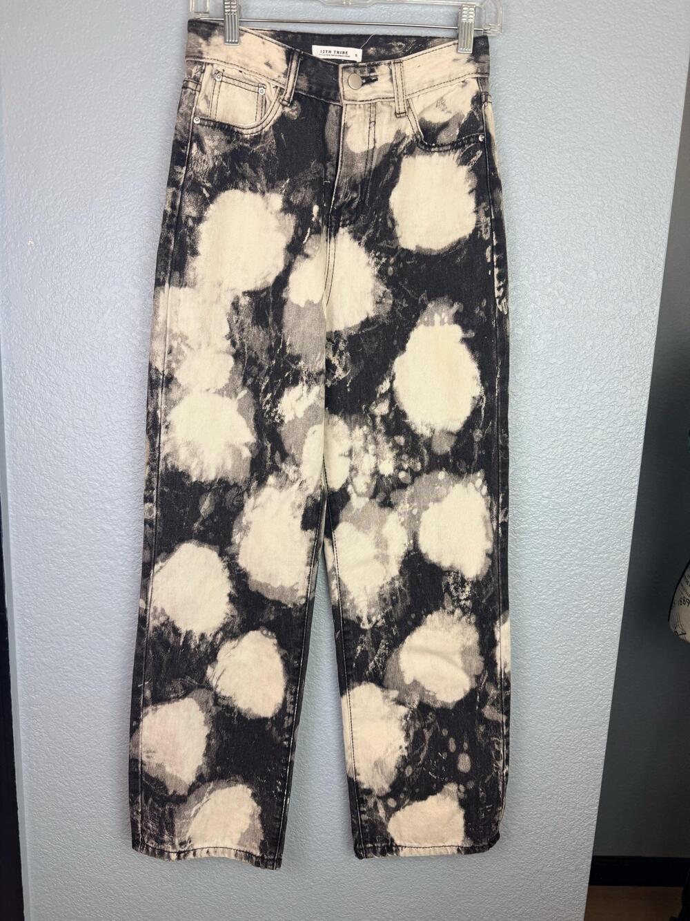 12th Tribe Jeans Womens Small Black Acid Wash Polka Dot High Rise Straight Denim